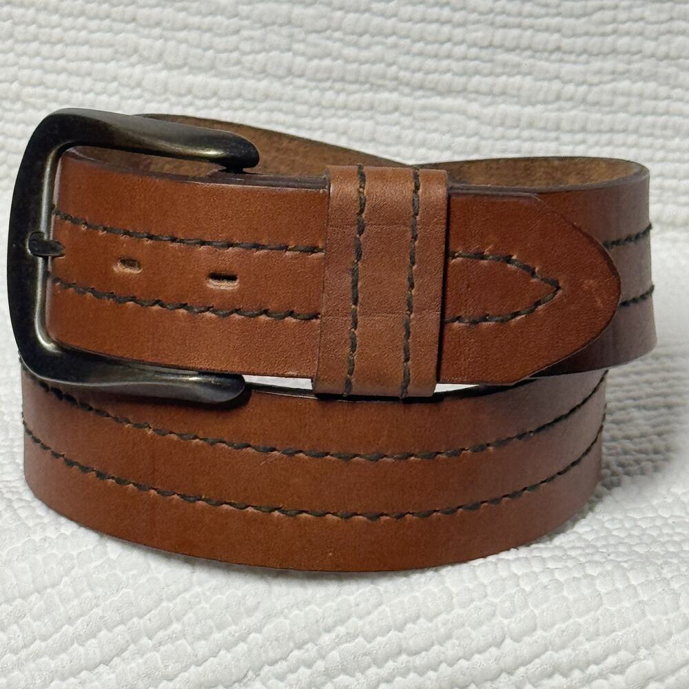 Vintage Brown Genuine Rugged Range Leather Wide Belt Contrast Stitching Thick